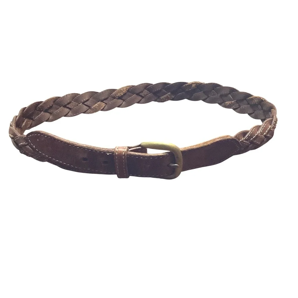 Gap‎ Braided Leather Belt Brown Woven Solid Brass Buckle Men Small Vintage Style